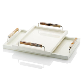 High Gloss-Polish Ivory Lacquer Tray with Polished Horn Handles