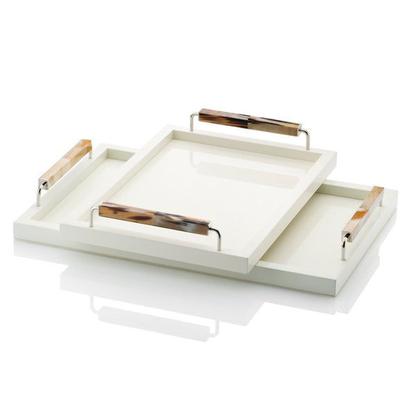 High Gloss-Polish Ivory Lacquer Tray with Polished Horn Handles